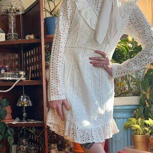 white eyelet high neck long sleeve dress